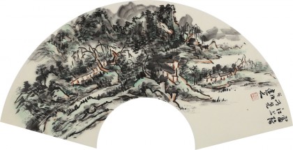 【已售】張建文 扇面《富陽江上所見》 中美協(xié)會員 清華美院高研班導(dǎo)師
