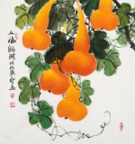 【已售】黃藝三尺斗方招財(cái)辟邪葫蘆畫《五福臨門》