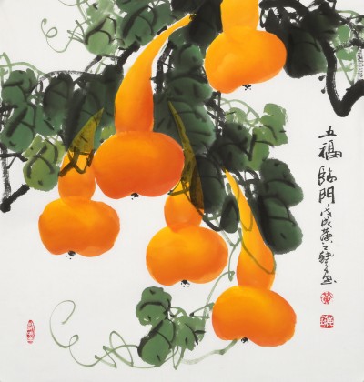 【已售】黃藝三尺斗方招財辟邪葫蘆畫《五福臨門》