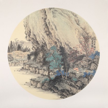 【已售】吳顯剛卡紙團(tuán)扇《山邨會(huì)友》 貴州七星關(guān)美協(xié)主席