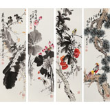 【已售】王寶欽 四條屏《花鳥四季》 當(dāng)代花鳥牡丹畫名家（詢價(jià)）