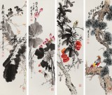 【已售】王寶欽 四條屏《花鳥四季》 當(dāng)代花鳥牡丹畫名家（詢價(jià)）