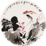王寶欽 四尺團(tuán)扇荷花《塘邊情趣》當(dāng)代花鳥(niǎo)牡丹畫(huà)名家（詢價(jià)）