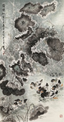 【已售】王寶欽六尺《荷塘初雪》當(dāng)代花鳥牡丹畫名家（詢價）
