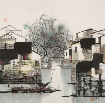 【已售】苗雨 四尺斗方《江南水鄉(xiāng)》 遼寧工美教授 師從吳冠中
