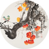 【已售】王寶欽 四尺團(tuán)扇柿子《萬事如意》當(dāng)代花鳥牡丹畫名家（詢價(jià)）