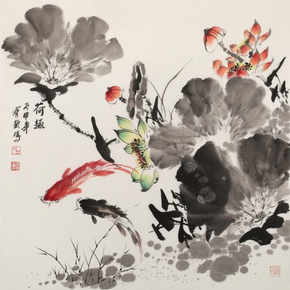 王寶欽 四尺斗方《荷趣》當(dāng)代花鳥牡丹畫名家（詢價(jià)）