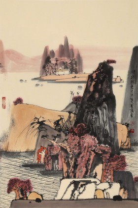 張勇 四尺三開《湖山秋色》 吉林著名山水畫家