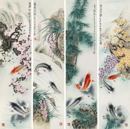 南海禪寺 妙林居士 四條屏《四季錦鯉圖》