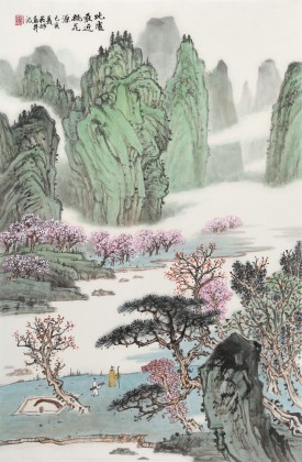 【已售】廖崧越 四尺三開《此處最近桃花源》 廣西桂林美協(xié)會員