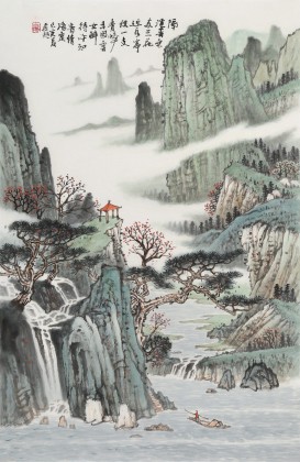 廖崧越 四尺三開《隔溪春色兩三花》 廣西桂林美協(xié)會員