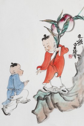 曹建濤 四尺三開《祝壽圖》 獨(dú)具特色水墨人物畫家