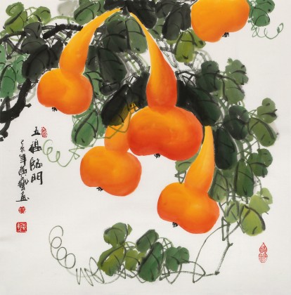 【已售】黃藝四尺斗方招財(cái)辟邪葫蘆畫(huà)《五福臨門》