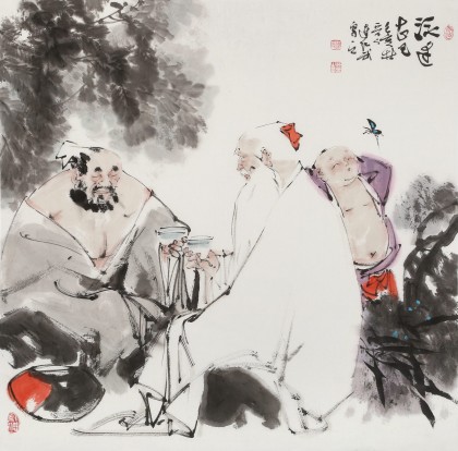 【已售】連紅武 四尺斗方《酒逢知己》 徐悲鴻畫院華北分院副院長