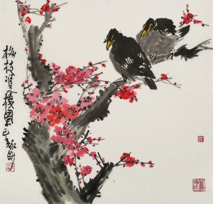 【已售】王永剛 三尺斗方《梅枝雙棲圖》 國(guó)家一級(jí)美術(shù)師（詢(xún)價(jià)）