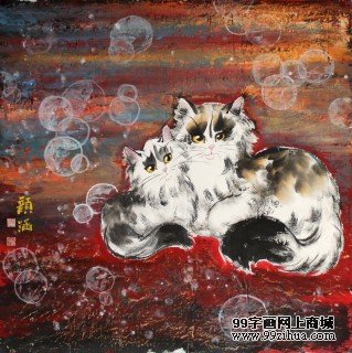 顏涵國畫重彩貓